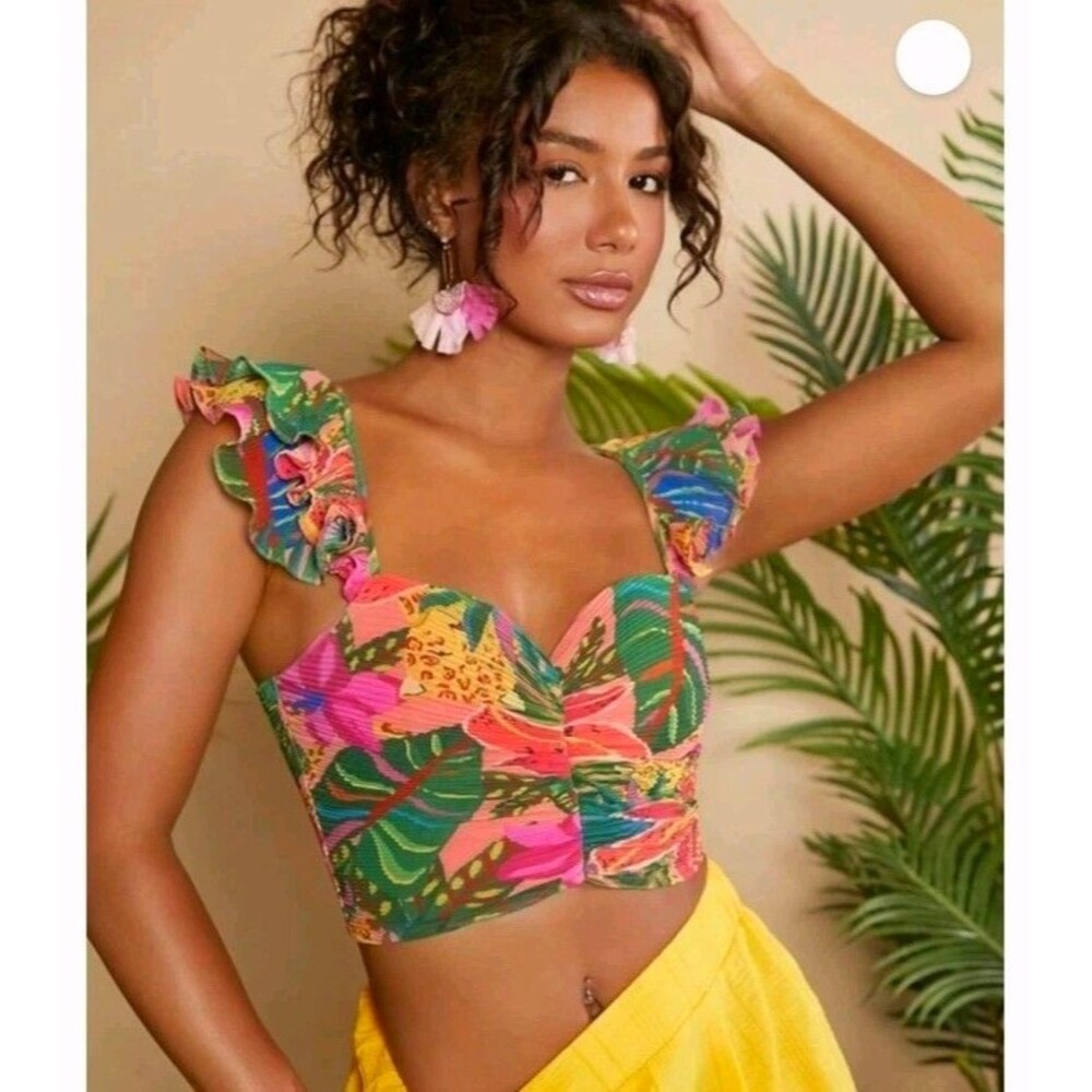 SHEIN XS Pleated Crop Top Tropical Floral Ruffle-Strap Summer Vacation Beach